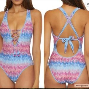 NWT $158 Becca Joshua Tree Corset One Piece Swimsuit Blue Multi Color Lace Up